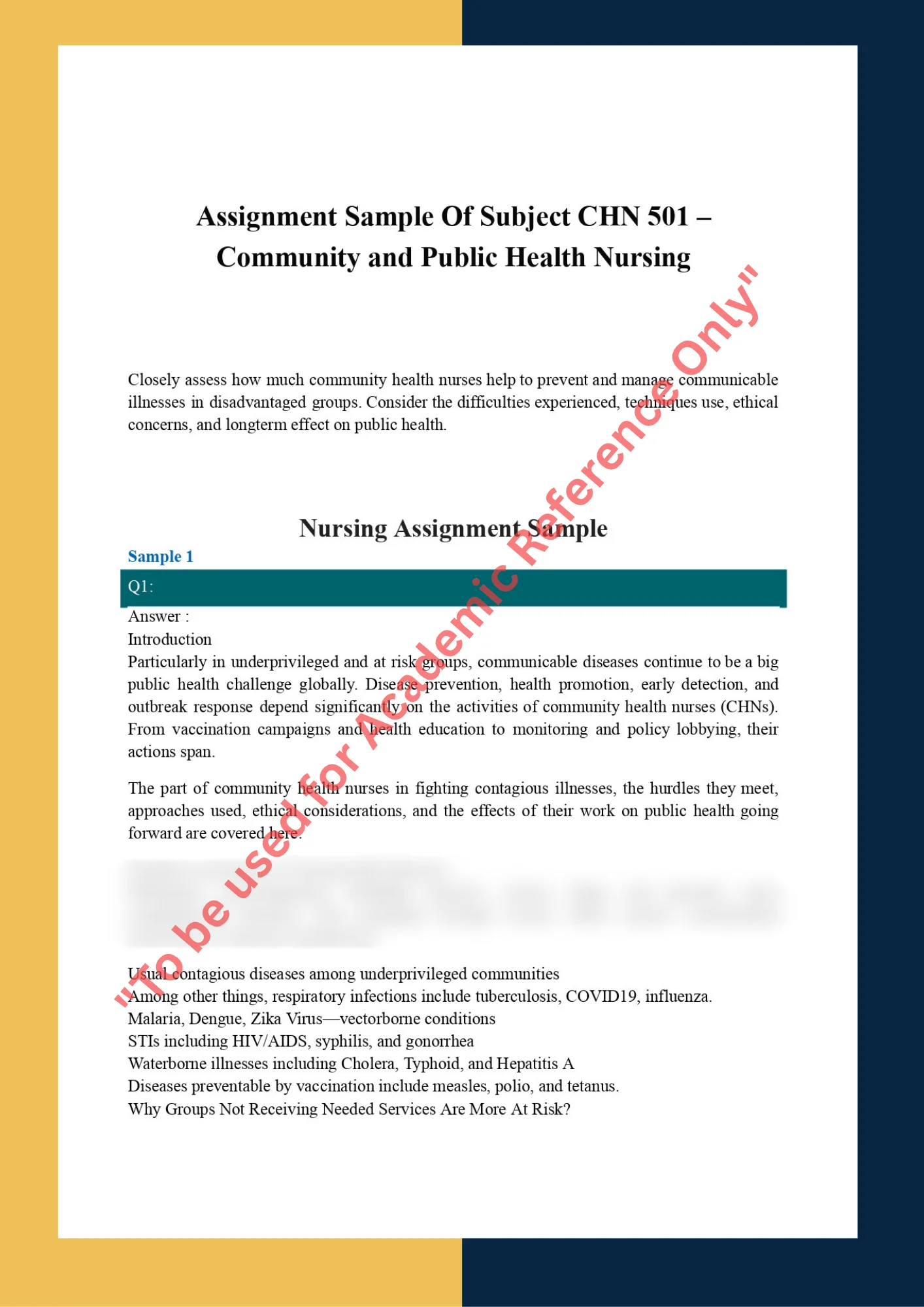 Assignment Sample Of Subject CHN 501 – Community and Public Health Nursing 0